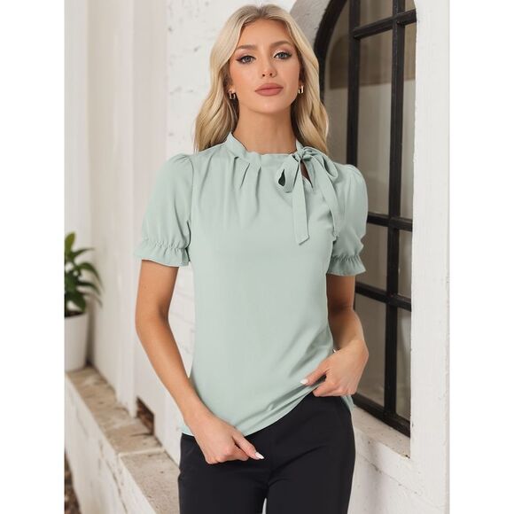 Bow Tie Neck Tops Elegant Office Short Sleeve Blouse Light Green - Picture 2 of 6